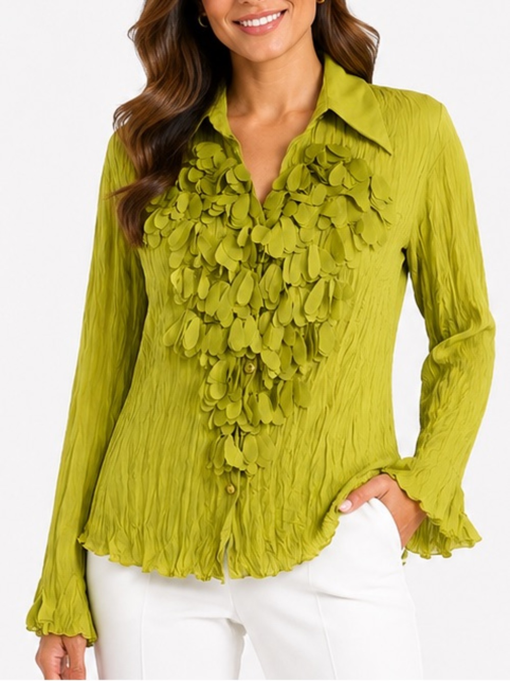 Kaelyn Max Women's Lime Green Ruffle Front Blouse small